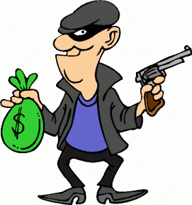 Illustration of a Cartoon Thief with Money Bag and Gun