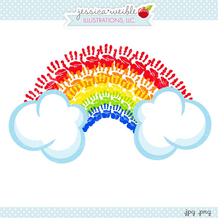 Colorful rainbow made of children's handprints arching between two fluffy clouds, with a polka-dot border and artist logo.