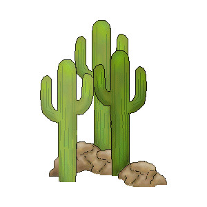 Green saguaro cacti growing from sandy desert soil with rocks, stylized illustration.