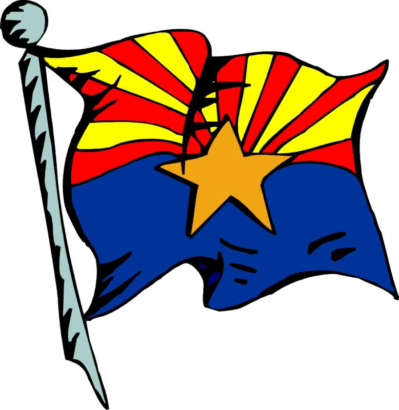 Arizona state flag waving on a pole, featuring red and yellow rays, a copper star, and blue field.