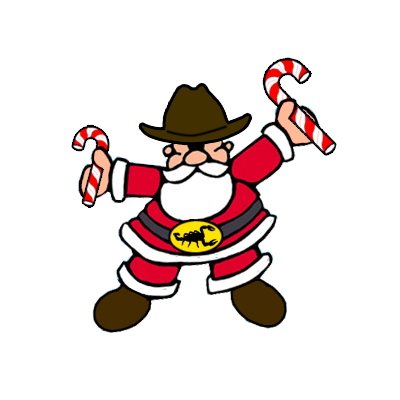 Cowboy Santa Claus holding two candy canes, wearing a brown hat and red suit with scorpion belt buckle.