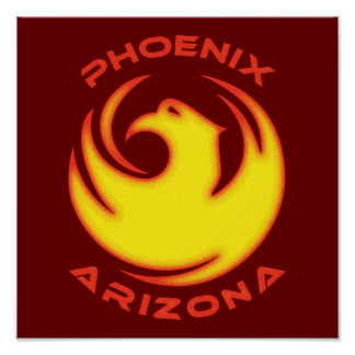 Phoenix Arizona logo featuring a stylized yellow phoenix bird in flames against a deep red background.