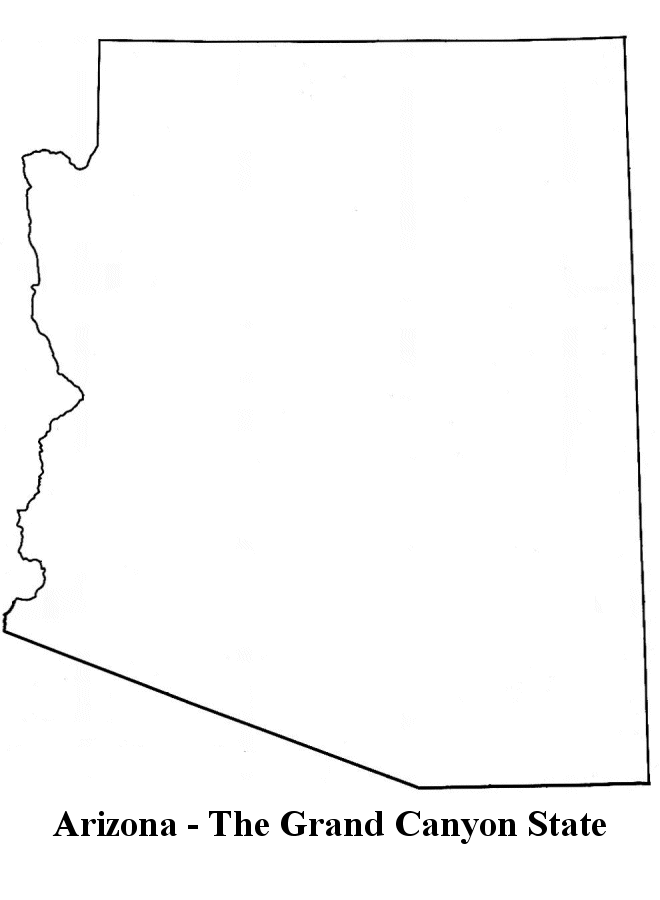 Outline map of Arizona state with text "Arizona - The Grand Canyon State" below.