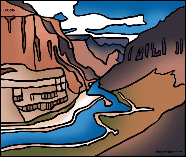 Stylized cartoon illustration of a winding blue river through layered red and brown canyon cliffs under a partly cloudy sky.