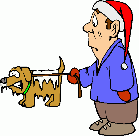 Man in Santa hat holding a shivering, snow-covered dog on a leash outdoors in winter.