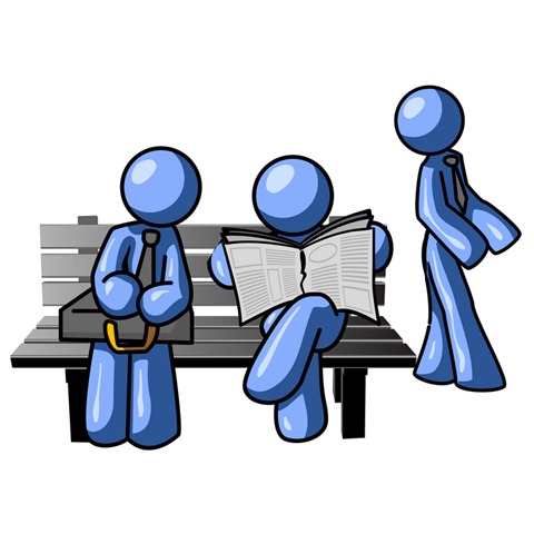 Three blue cartoon business figures on a bench: one waiting with briefcase, one reading newspaper, one standing with bag.