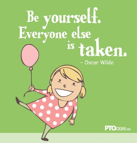 Smiling cartoon girl in polka-dot dress holding pink balloon with Oscar Wilde quote "Be yourself. Everyone else is taken."