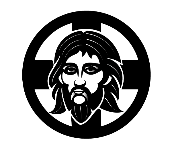 Stylized black-and-white icon of Jesus Christ’s face within a circular cross emblem.