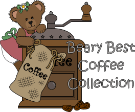 A cute brown bear wearing a green bow operates a vintage coffee grinder beside a burlap sack labeled "Coffee" and scattered beans.