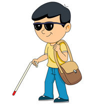 Cartoon illustration of a blind man wearing sunglasses, holding a white cane, and carrying a shoulder bag.
