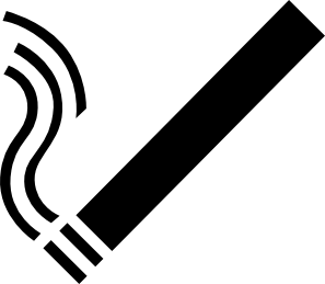 Black silhouette of a lit cigarette with rising smoke against white background.