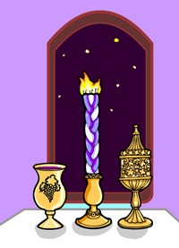 A lit purple-and-white twisted candle in a golden holder, flanked by an ornate goblet and lantern, before a starry arched window.
