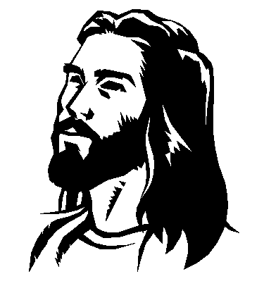 Black-and-white stylized illustration of Jesus Christ in profile, with long hair and beard, looking upward.