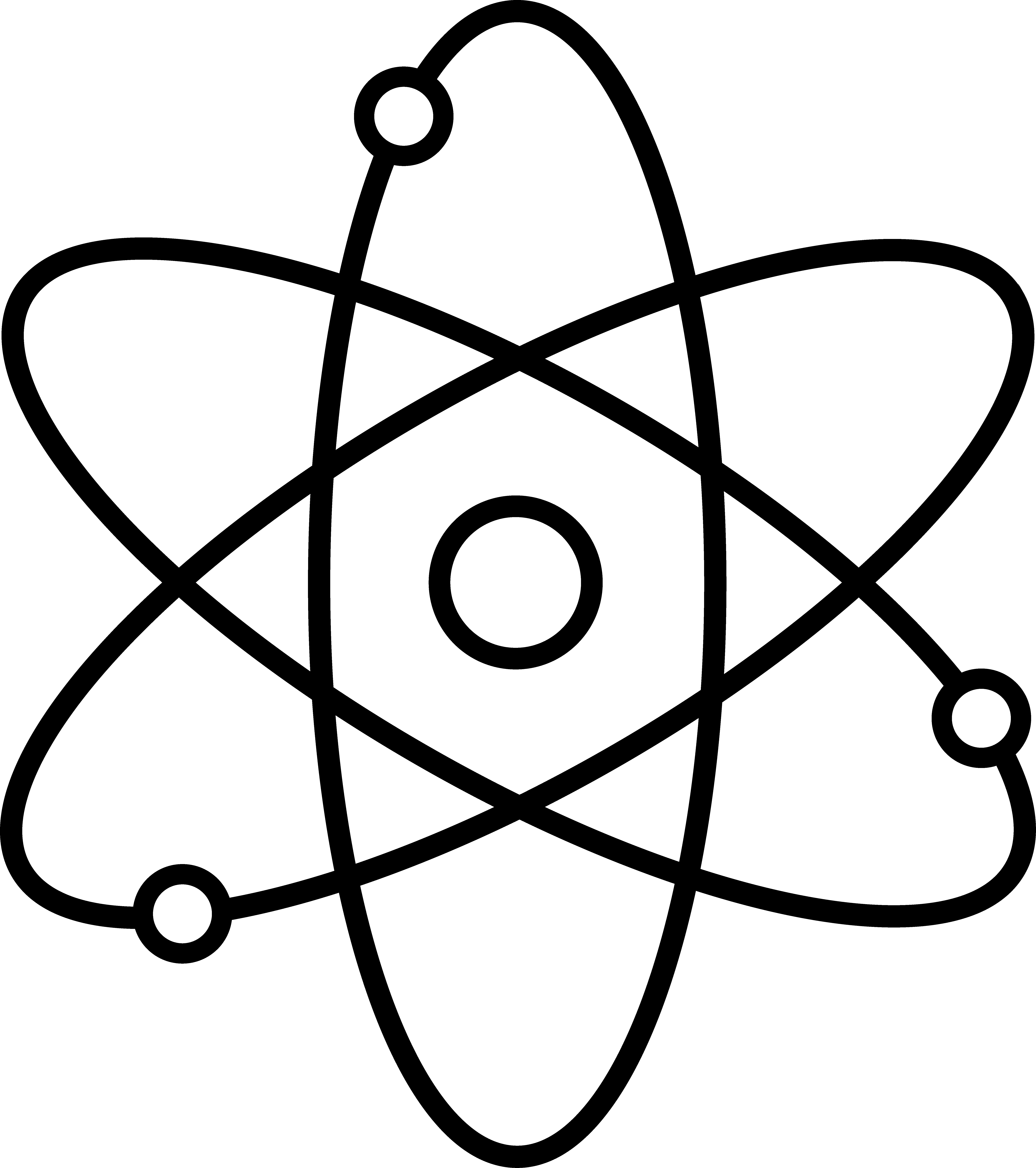 Black line-art illustration of a classic Bohr model atom with nucleus and three elliptical electron orbits.