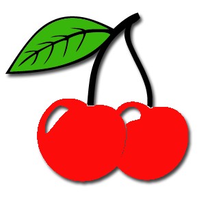 Two bright red cherries with a green leaf on a white background, stylized illustration.