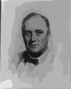 Black-and-white stylized portrait of Franklin D. Roosevelt in formal attire with bow tie, rendered in soft grayscale tones.