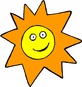 Cheerful cartoon sun with smiling face and orange rays, ideal for children's content or weather graphics.