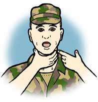 Soldier demonstrating the Heimlich maneuver on himself, wearing camouflage uniform and cap.