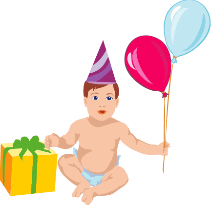 Baby in party hat holding balloons and a gift box, celebrating a birthday.
