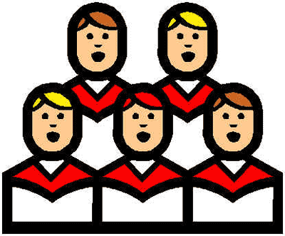 Five cartoon choir members in red robes singing with open mouths, arranged in two rows.