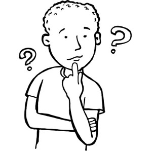 A cartoon person with a thoughtful expression, finger on chin, and question marks floating nearby.