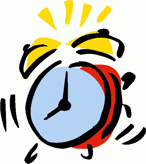 Vibrant cartoon-style alarm clock with ringing bells, yellow light burst, and motion lines indicating urgency.