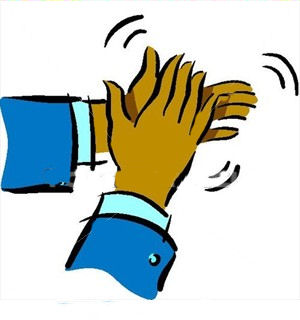 Two hands clapping with motion lines, wearing blue sleeves and light cuffs.