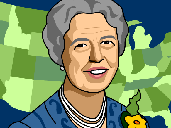 Illustration of a smiling older woman with gray hair, wearing a blue patterned jacket, pearl necklace, and yellow flower pin against a green-blue abstract background.