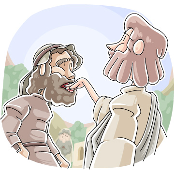 Two biblical-era men in robes conversing, one gesturing toward the other’s mouth, set against a soft landscape backdrop.