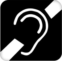 White ear icon with diagonal line on black background, indicating hearing impairment or deafness.