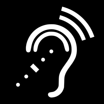White icon of an ear with sound waves and dots indicating audio input or hearing assistance on black background.