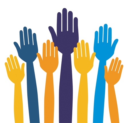 Seven colorful raised hands symbolizing diversity, inclusion, and collective action against a white background.