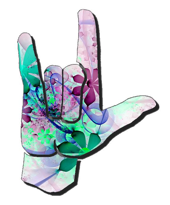 Psychedelic hand gesture forming the rock-on symbol with floral fractal patterns in pink, green, and purple hues.