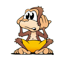 Cartoon monkey sitting cross-legged, covering ears and eyes with hands, wearing yellow shorts on light green background.