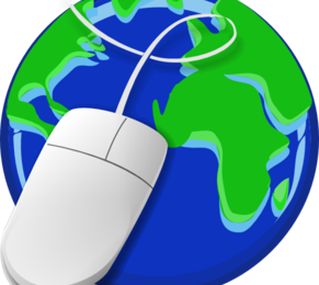 White computer mouse resting on a stylized blue and green globe, symbolizing global internet access and digital connectivity.