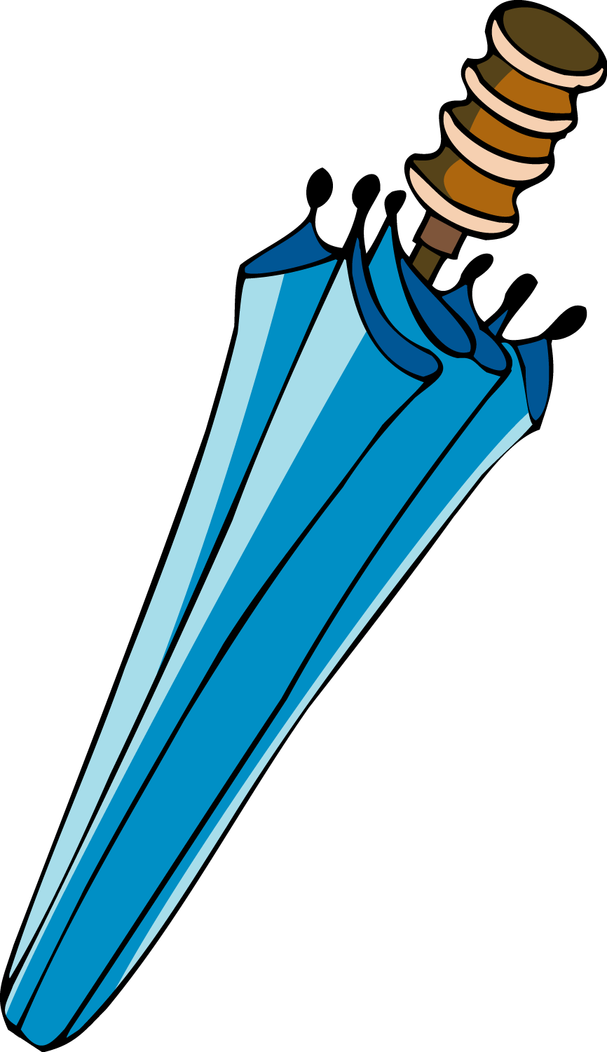 A stylized blue sword with a spiral-wrapped hilt, depicted in bold cartoon illustration against black background.