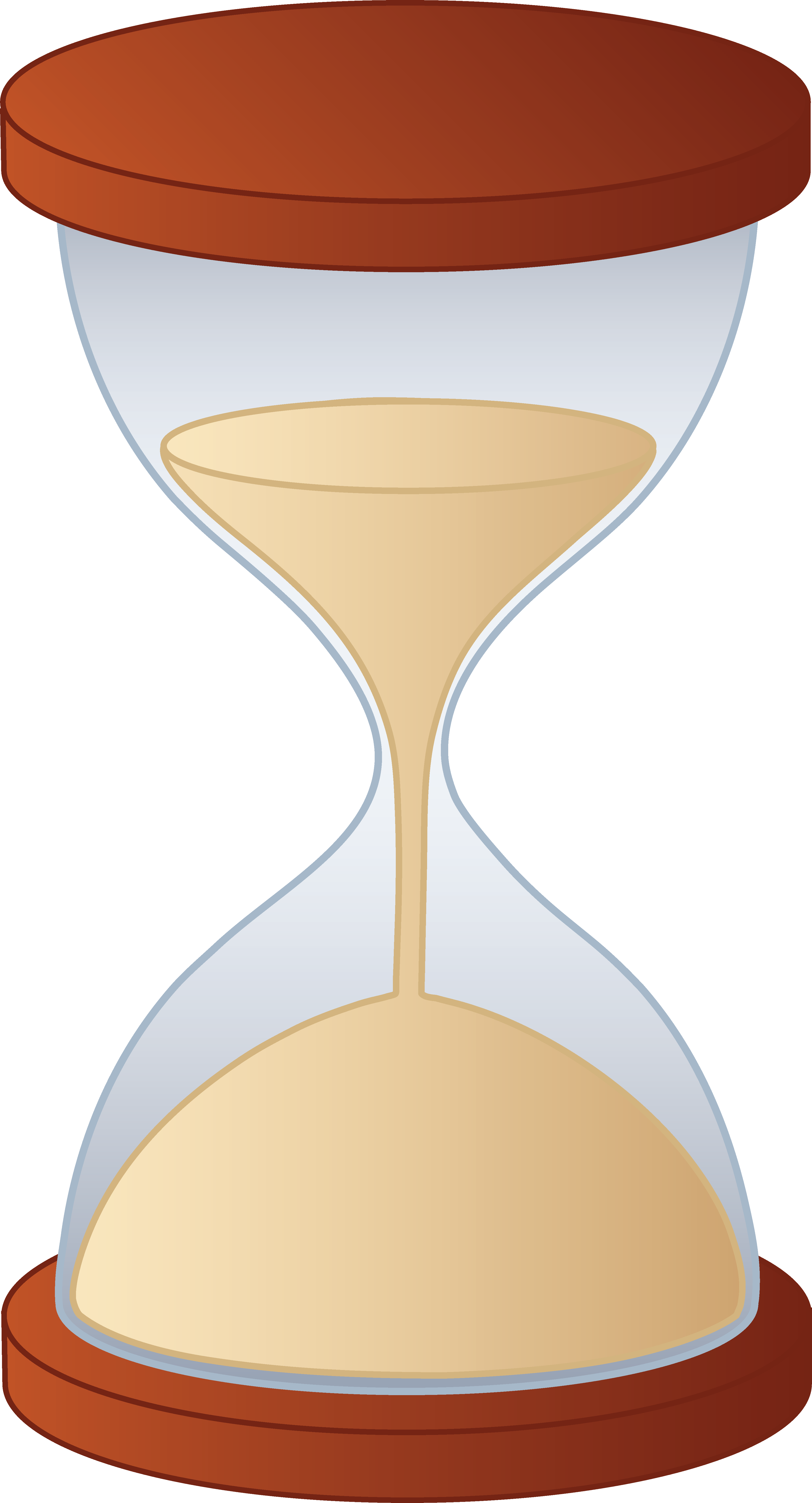 Classic hourglass with sand flowing from top to bottom, wooden caps and clear glass bulbs.