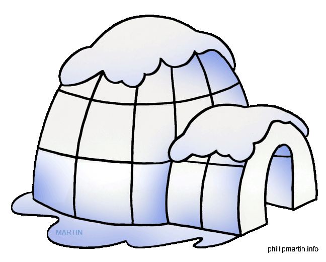 Hand-drawn cartoon igloo with snow-covered dome, arched entrance, and blue-tinted ice blocks.