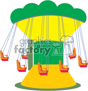 Colorful amusement park swing ride with green canopy, yellow base, and orange seats suspended by ropes.