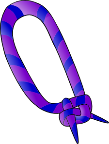 A stylized purple and blue striped ribbon tied in a decorative knot against a black background.