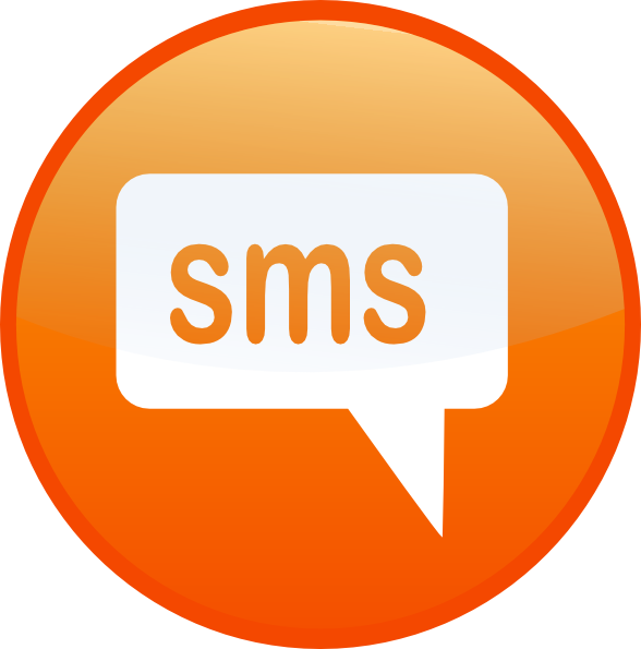Orange circular icon with white speech bubble containing "sms" in lowercase orange letters.