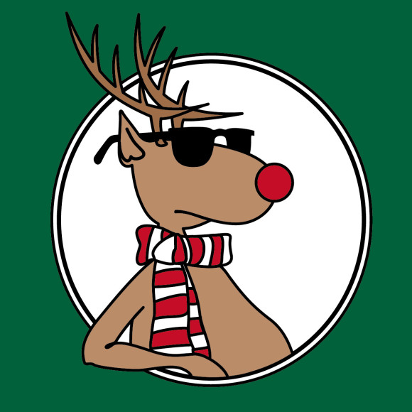 Cool cartoon reindeer with sunglasses, red nose, and striped scarf inside a white circle on green background.