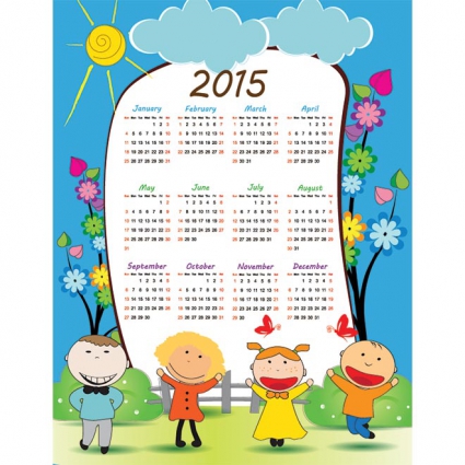 Colorful 2015 calendar with cartoon children, flowers, sun, and clouds on a blue background.