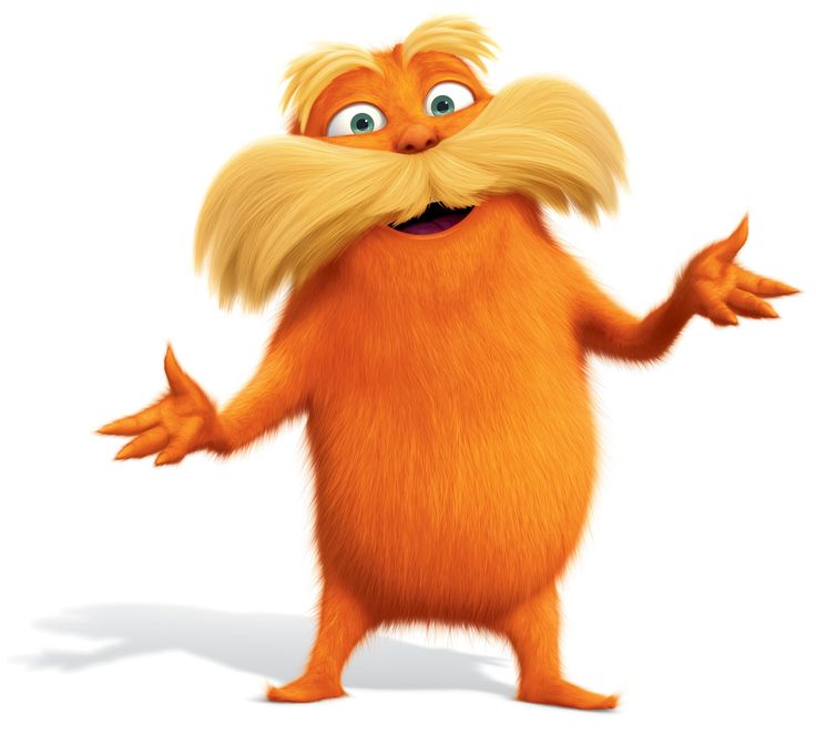 The Lorax, an orange furry character with a large yellow mustache, stands with open arms and expressive eyes against a white background.