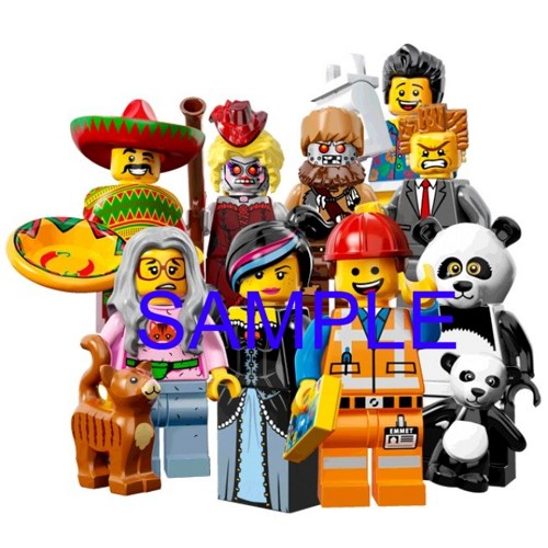 A diverse group of LEGO minifigures including a sombrero-wearing character, zombie, panda, construction worker, and others posing together.