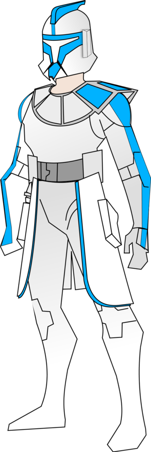 Animated Clone Trooper in white and blue armor, standing in profile against black background.