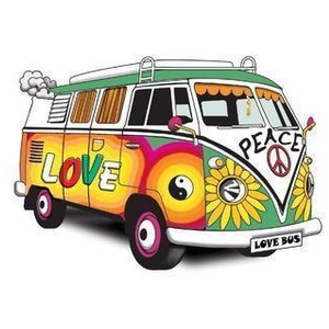Vibrant psychedelic Volkswagen van decorated with "LOVE", "PEACE", sunflowers, and peace symbols in 1960s hippie style.