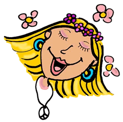 Joyful cartoon girl with blonde hair, flower crown, peace sign, and headphones smiling with eyes closed.