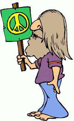 A cartoon hippie with long hair and beard holds a green sign with a yellow peace symbol.