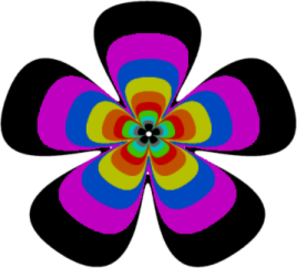 Vibrant psychedelic flower with concentric rainbow rings and magenta petals on black background.